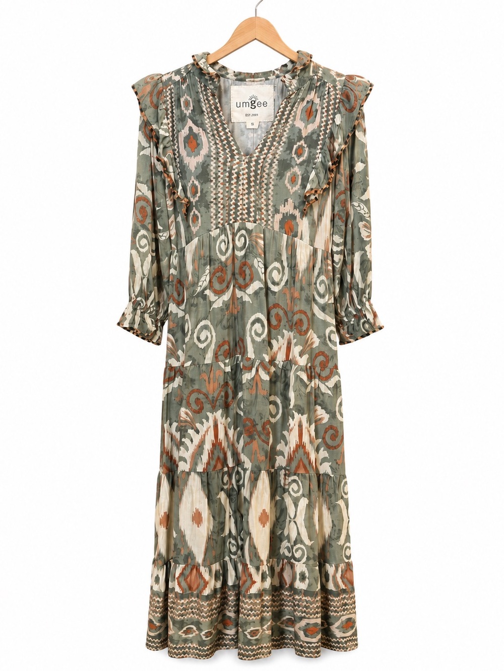 Umgee Printed Maxi Dress Small Ruffle Sleeve Boutique Boho Dress
